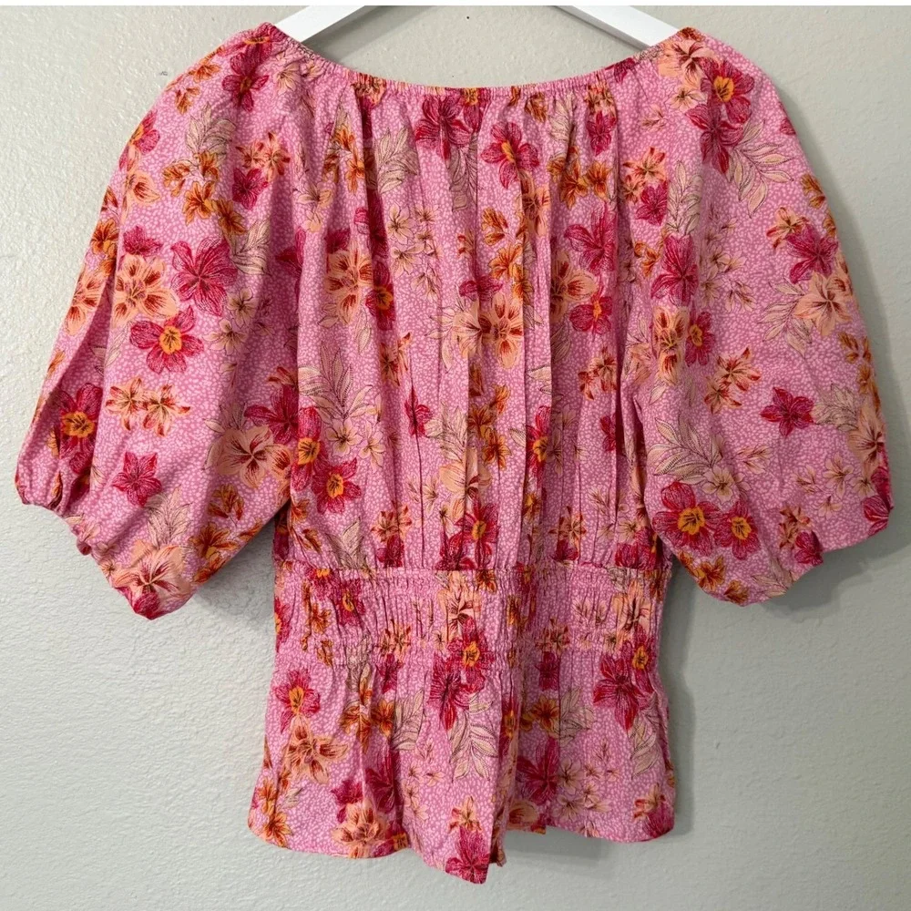 LOFT Pink Floral Smocked Waist Puff Sleeve Blouse Top Medium NWT 37036782